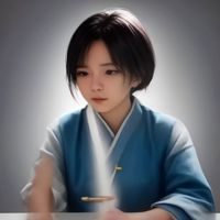 蘑菇视频官网主编林晓桐的工作照，她坐在书桌前微笑，背后书架整齐，气质干练专业，短发，戴着细框眼镜